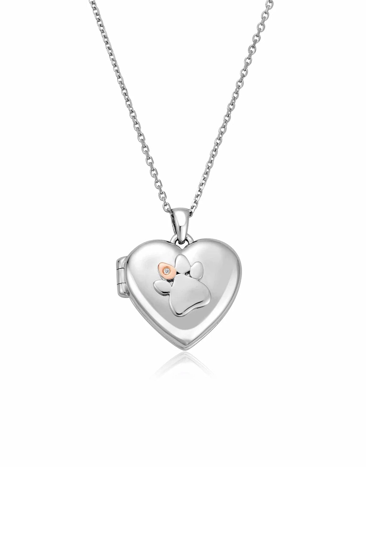 Clogau Paw Print Heart Locket in sterling silver with white topaz detail, pet memorial jewelry.