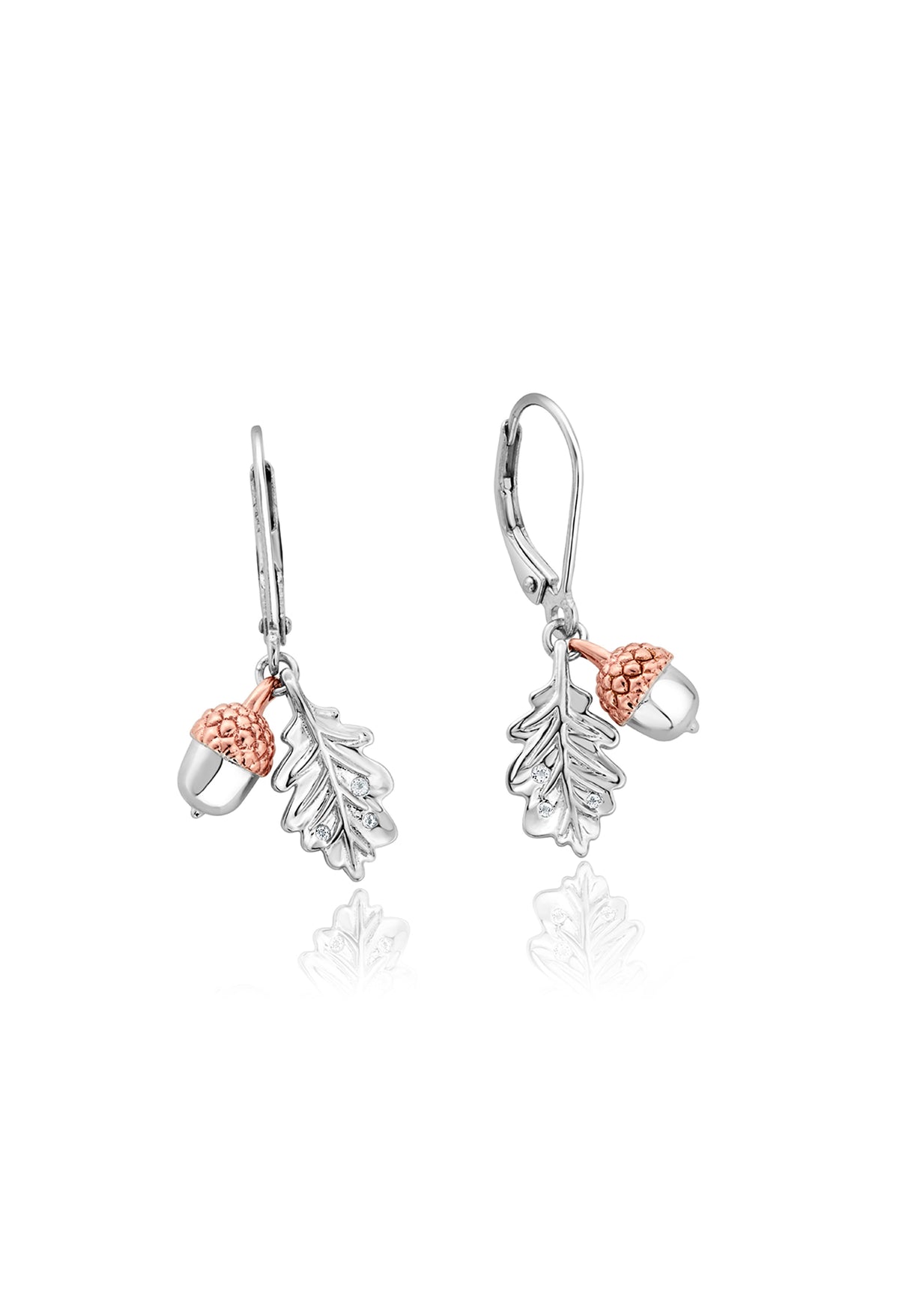 Clogau Royal Oak Leaf earrings. Detailed silver oak leaf and rose gold acorn charms hang from lever-back earring closures.