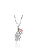 Sterling silver Clogau Royal Oak Leaf pendant with rose gold acorn charm, showcasing nature-inspired fine jewelry detail.