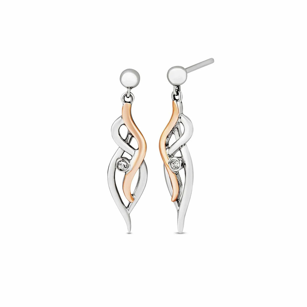 Two-tone drop earrings with gemstones.