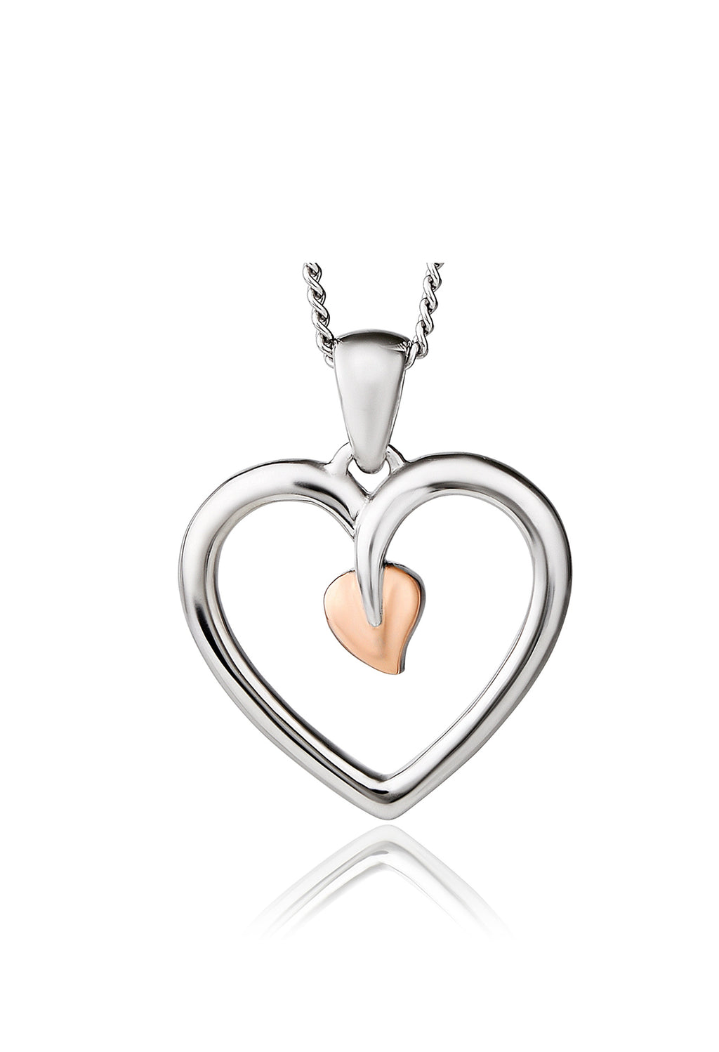 Clogau Tree of Life heart pendant necklace in sterling silver with rose gold accents, jewelry detail.