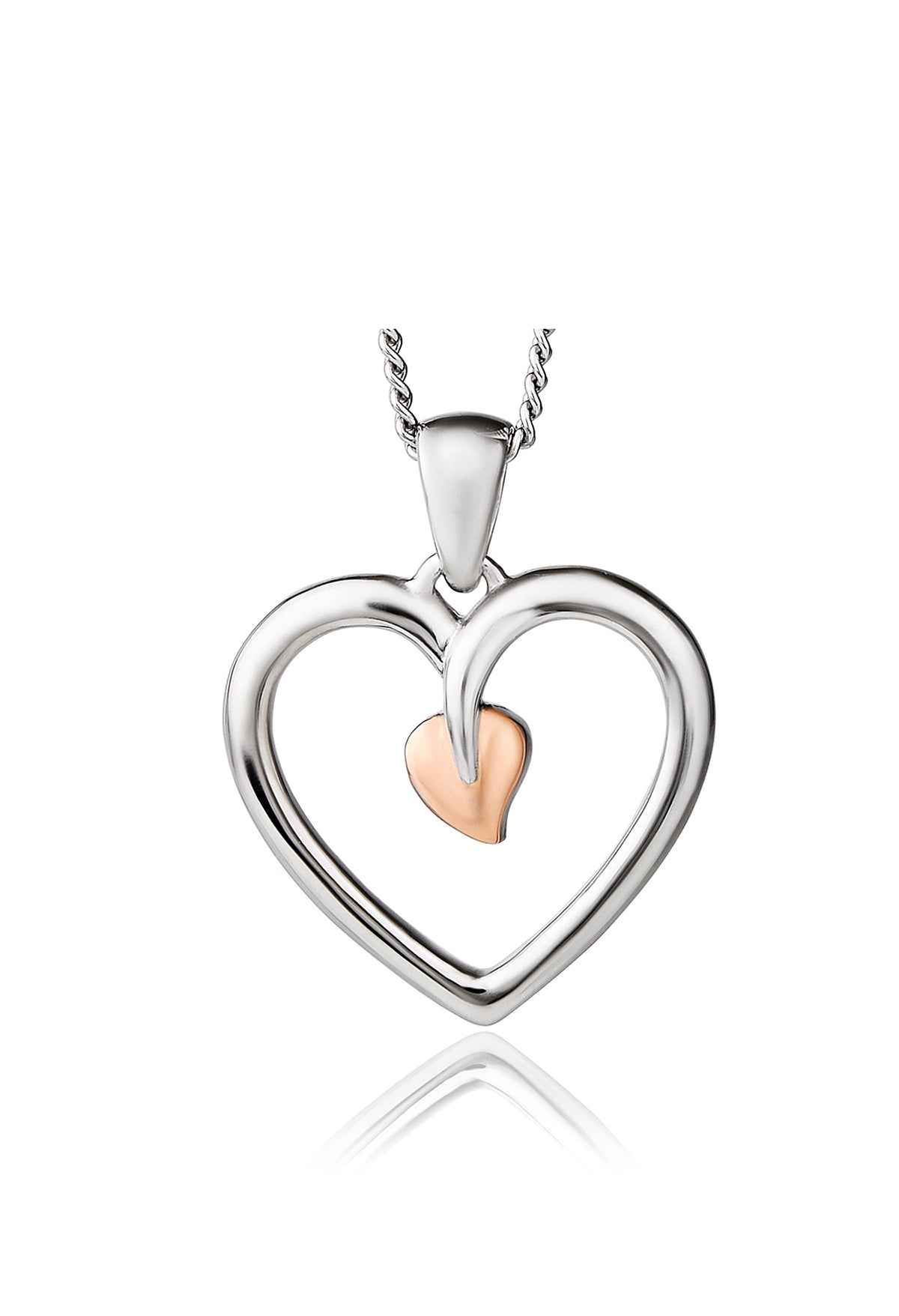Clogau Tree of Life heart pendant necklace in sterling silver with rose gold accents, jewelry detail.