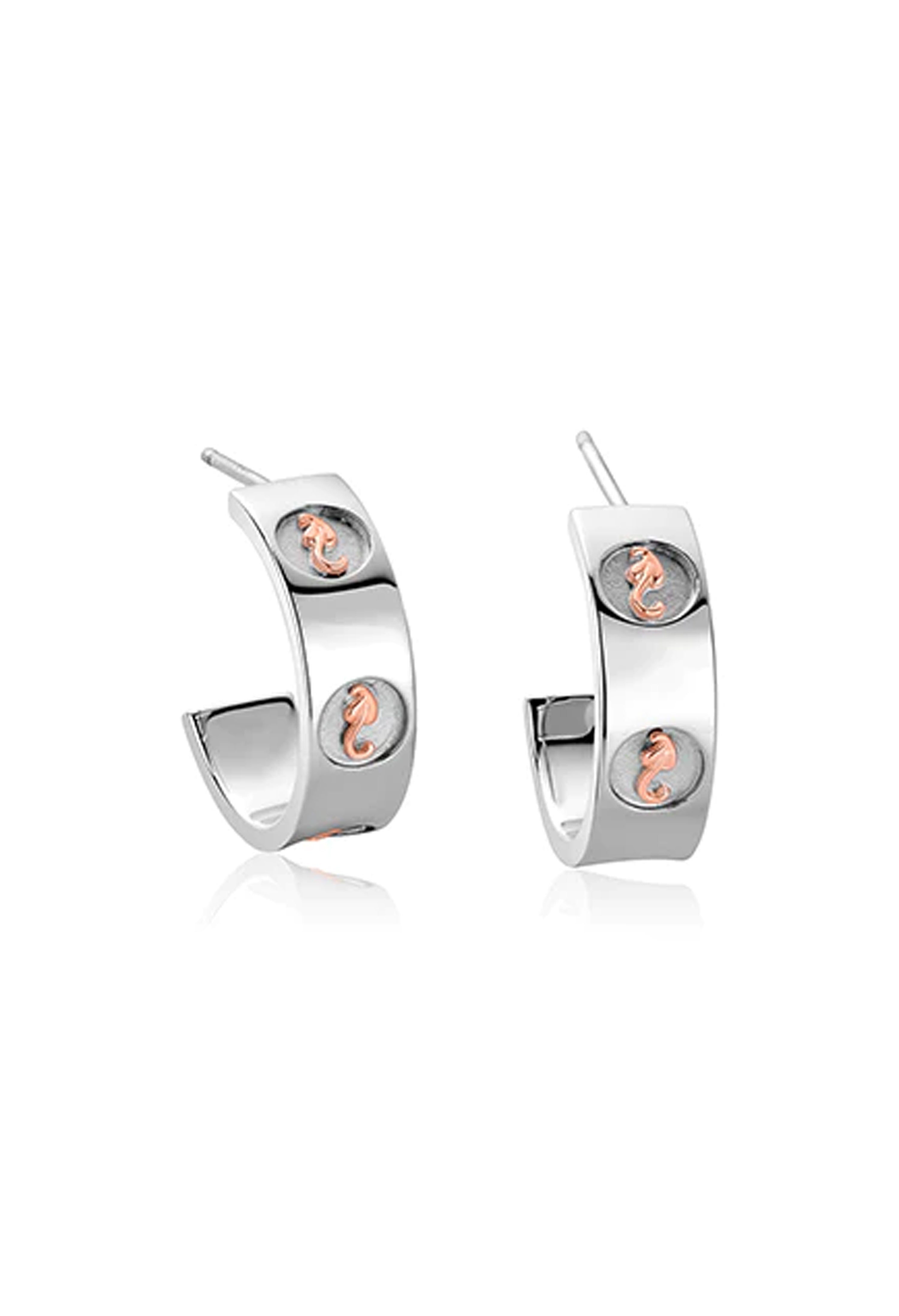 Sterling silver Clogau Insignia earrings featuring the iconic Welsh seahorse design, half hoop style.
