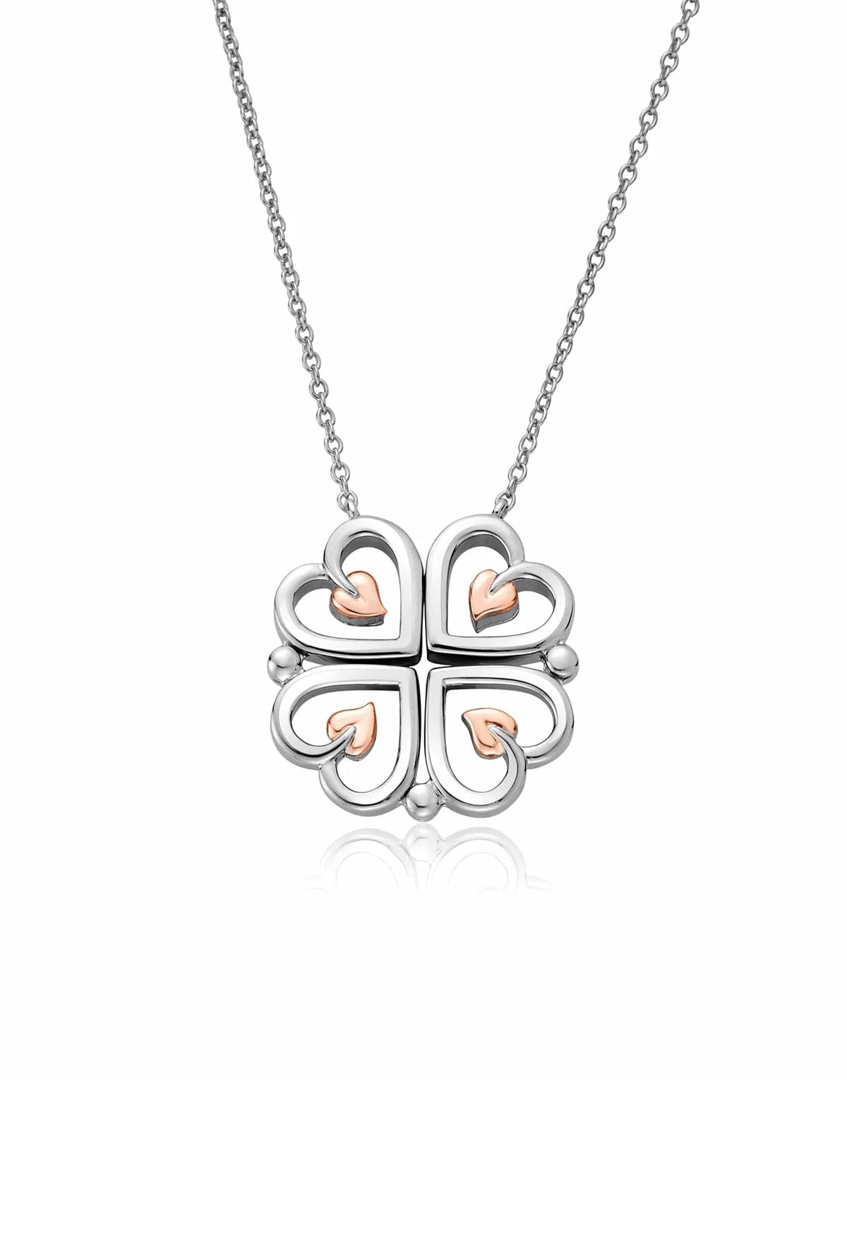Clogau Tree of Life heart pendant showcasing the sterling silver and rose gold heart detailing on a delicate chain.