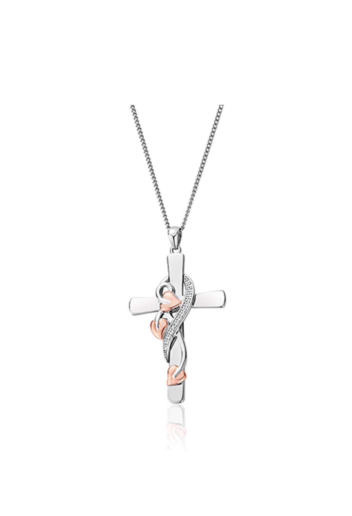 Clogau Vine Cross Pendant with Tree of Life design, featuring white topaz gems. Elegant jewelry.