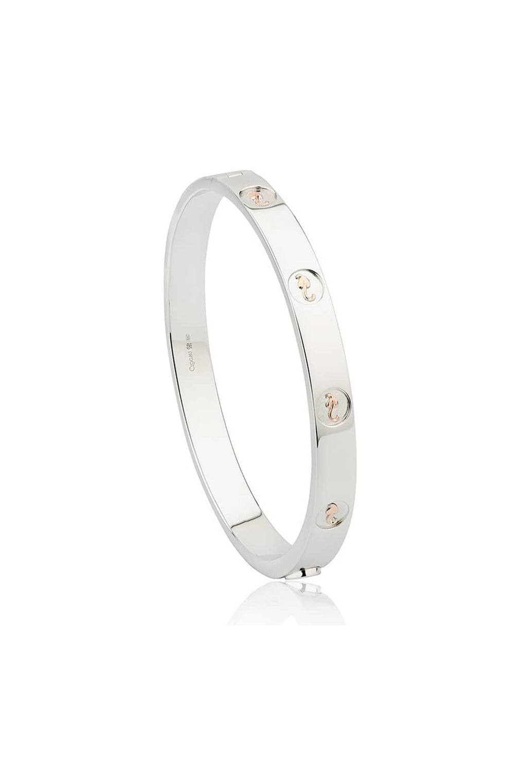 Sterling silver Clogau Insignia bangle from the Heritage Collection, featuring rose gold Welsh dragon emblems in circular