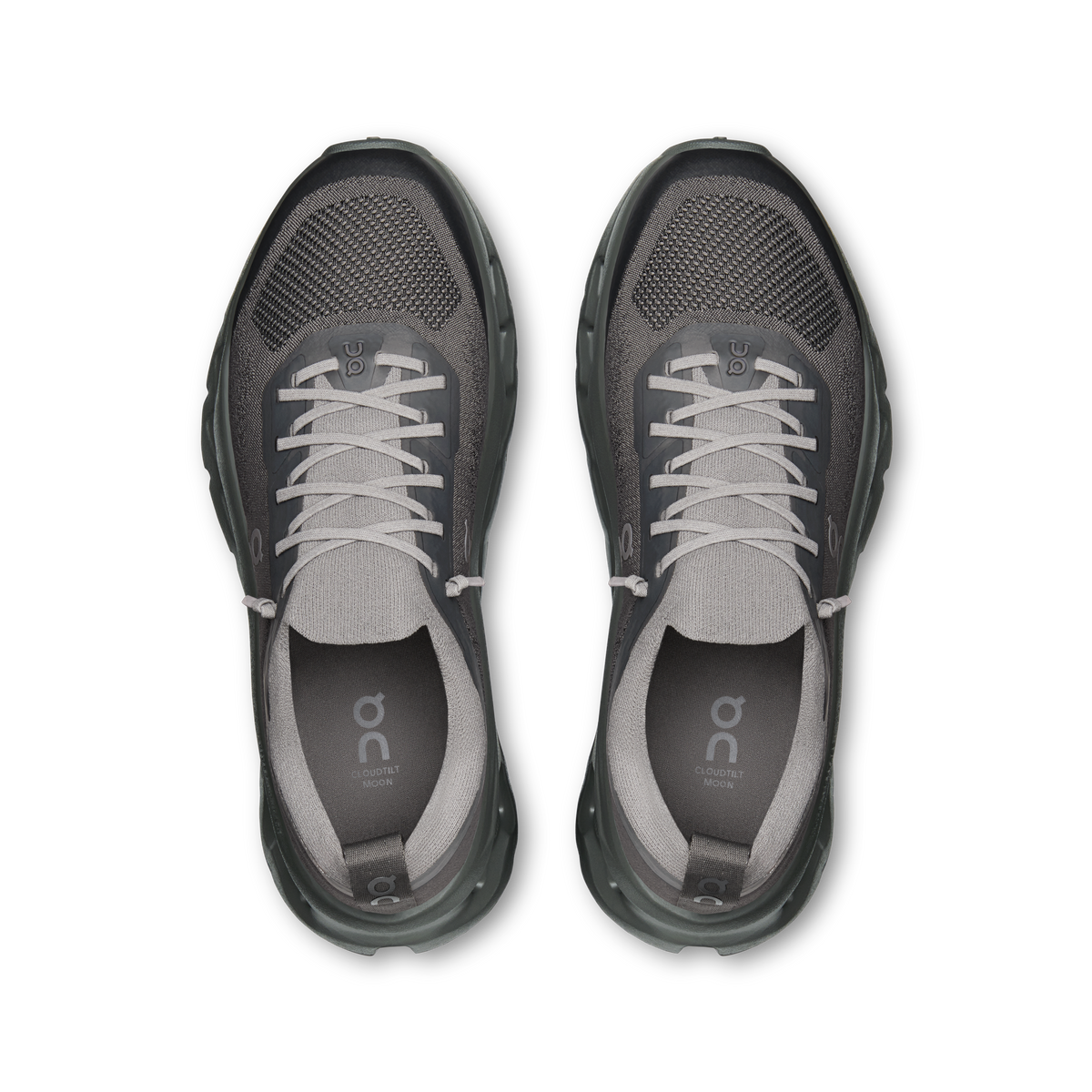 A pair of dark gray and light gray athletic sneakers shown from a top-down view on a plain white background.