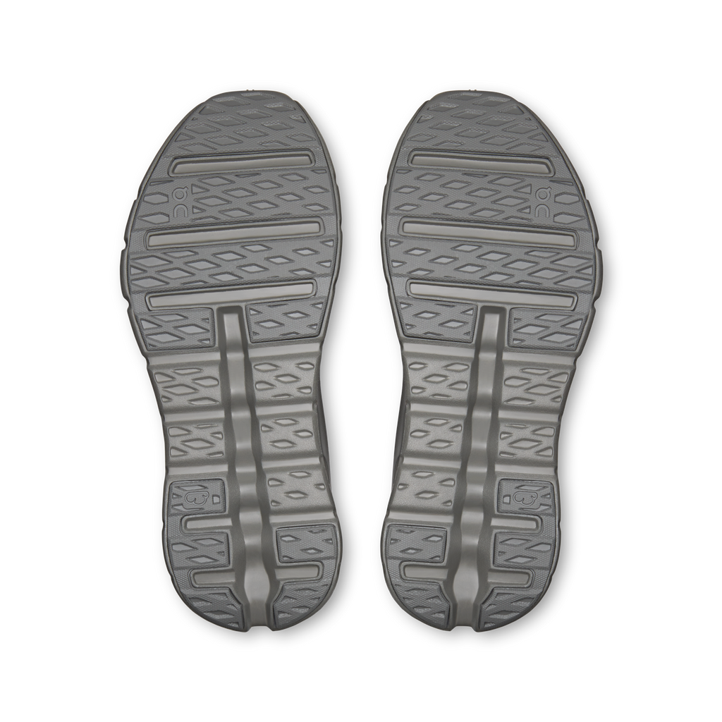 A pair of gray athletic shoe soles shown from a top-down view on a white background.