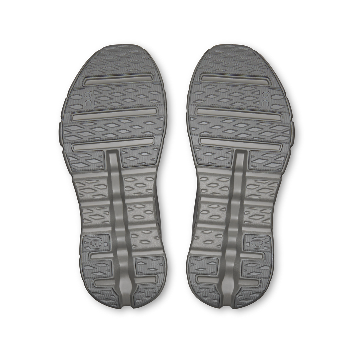 A pair of gray athletic shoe soles shown from a top-down view on a white background.