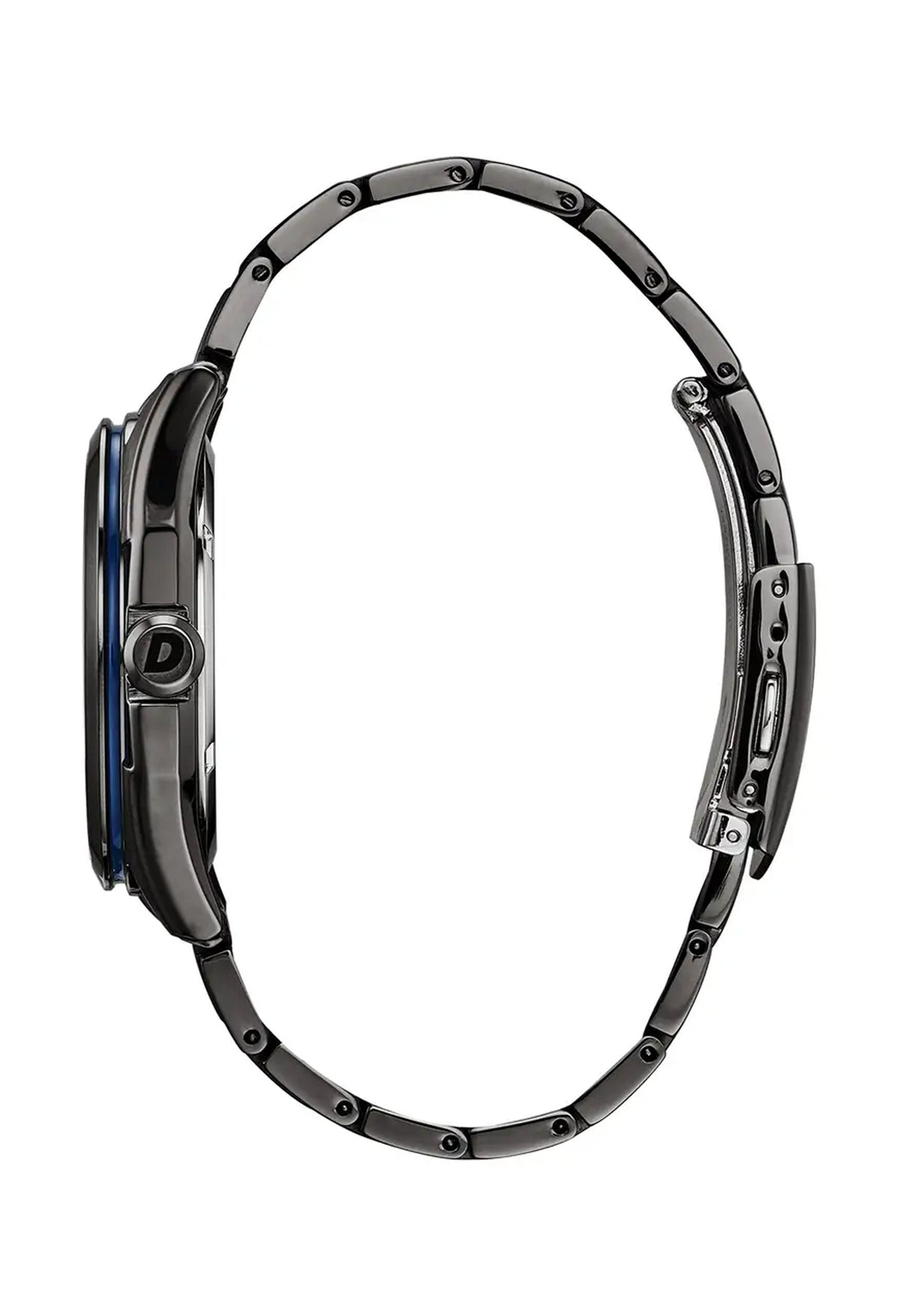 Side view of the Citizen Eco Drive watch highlighting the sleek gunmetal bracelet and case with blue accents.