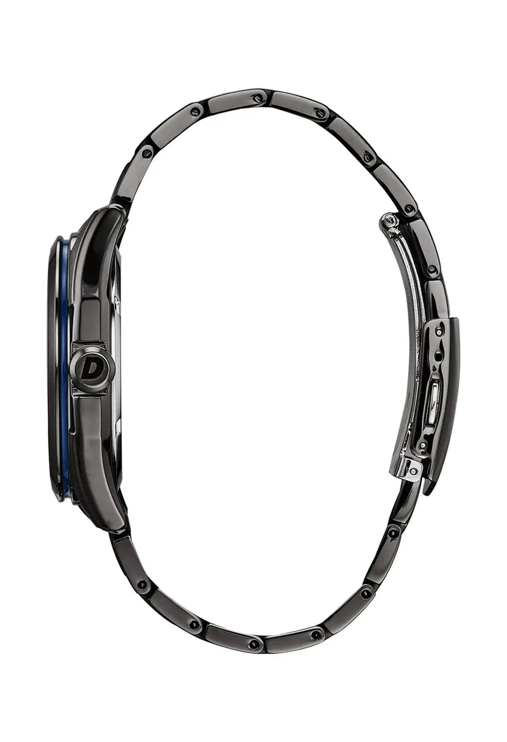 Side view of the Citizen Eco Drive watch highlighting the sleek gunmetal bracelet and case with blue accents.