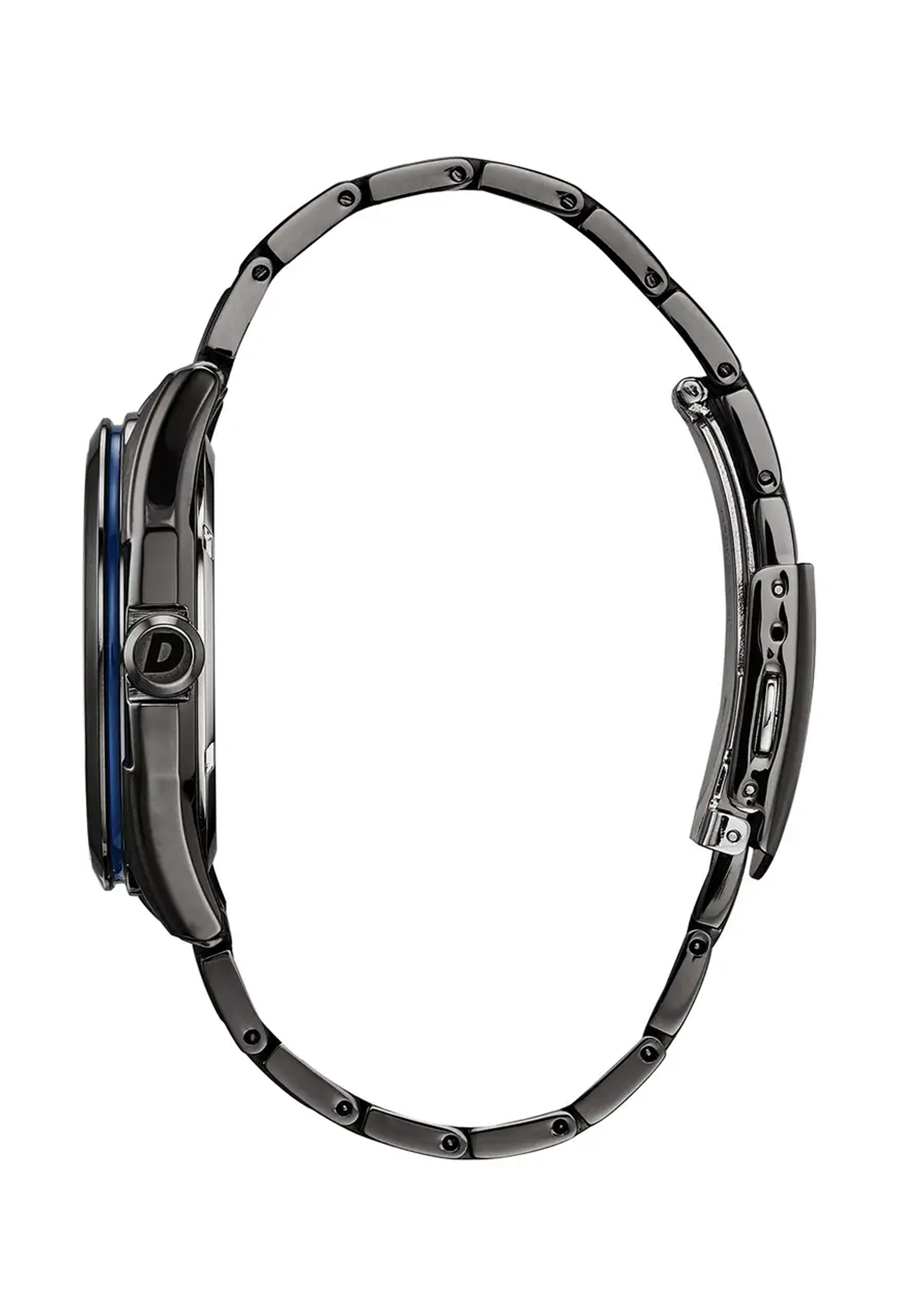 Side view of the Citizen Eco Drive watch highlighting the sleek gunmetal bracelet and case with blue accents.