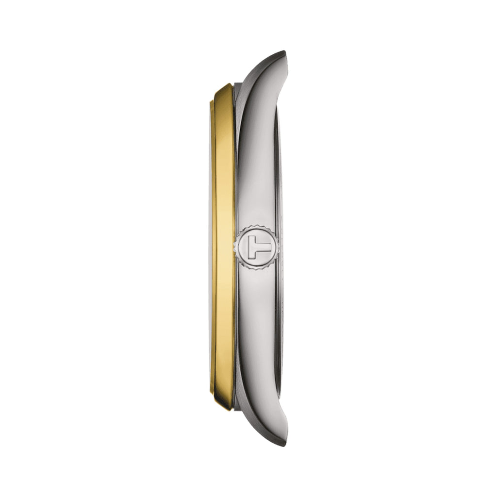 Side profile of the Tissot PR100 watch, showing the stainless steel and gold case with crown detail.