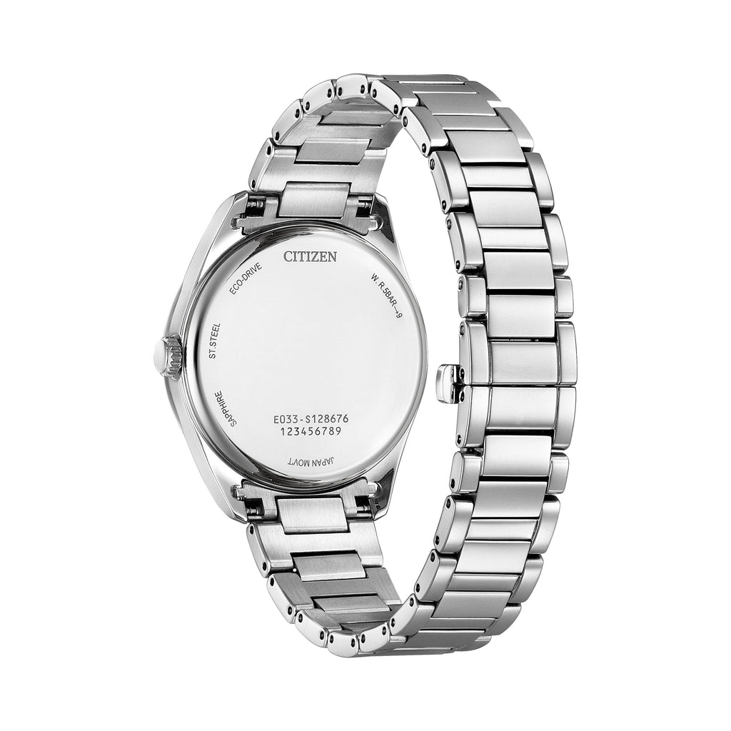 Citizen watch back showing Eco-Drive technology, serial number E033-S128676, & stainless steel construction.