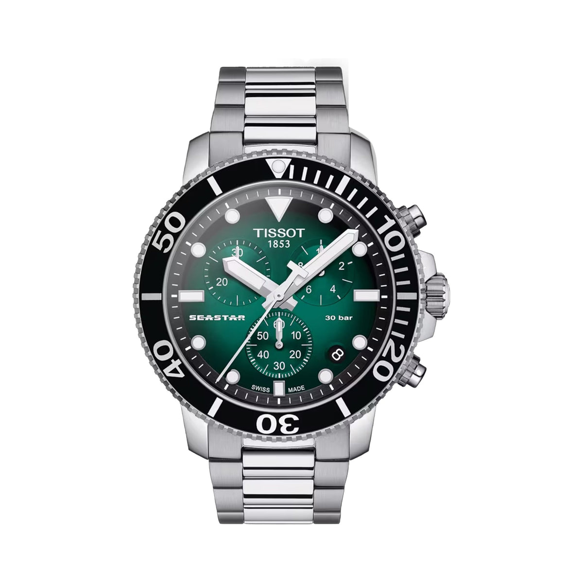 Close-up of the Tissot Seastar 1000 diving watch, featuring a green dial, stainless steel band, and rotating bezel. 30 Bar.