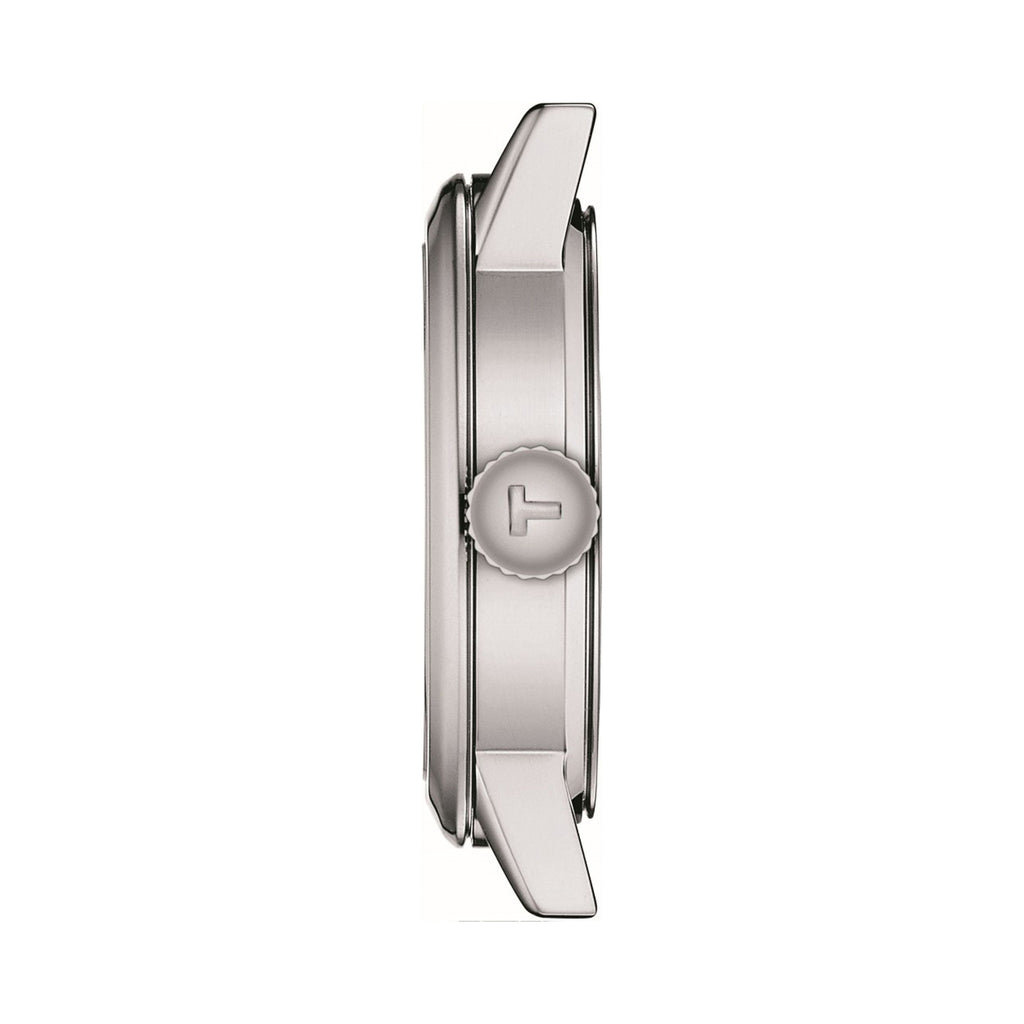 Side view of a Tissot Classic Dream ladies' stainless steel watch showing the crown and band attachment detail.