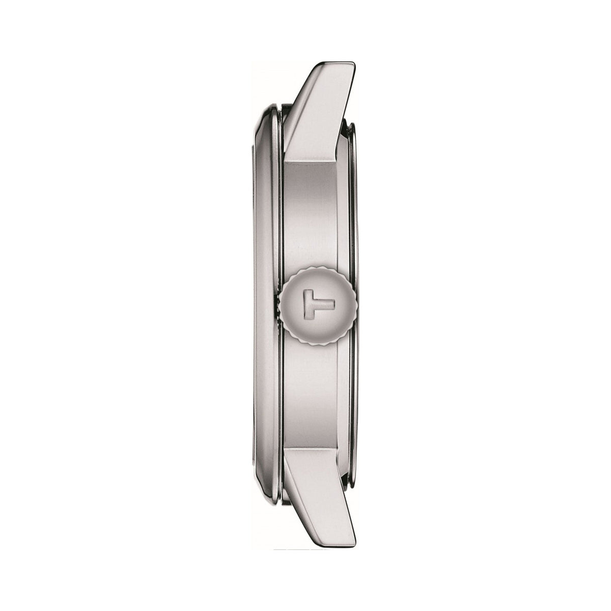Side view of a Tissot Classic Dream ladies' stainless steel watch showing the crown and band attachment detail.