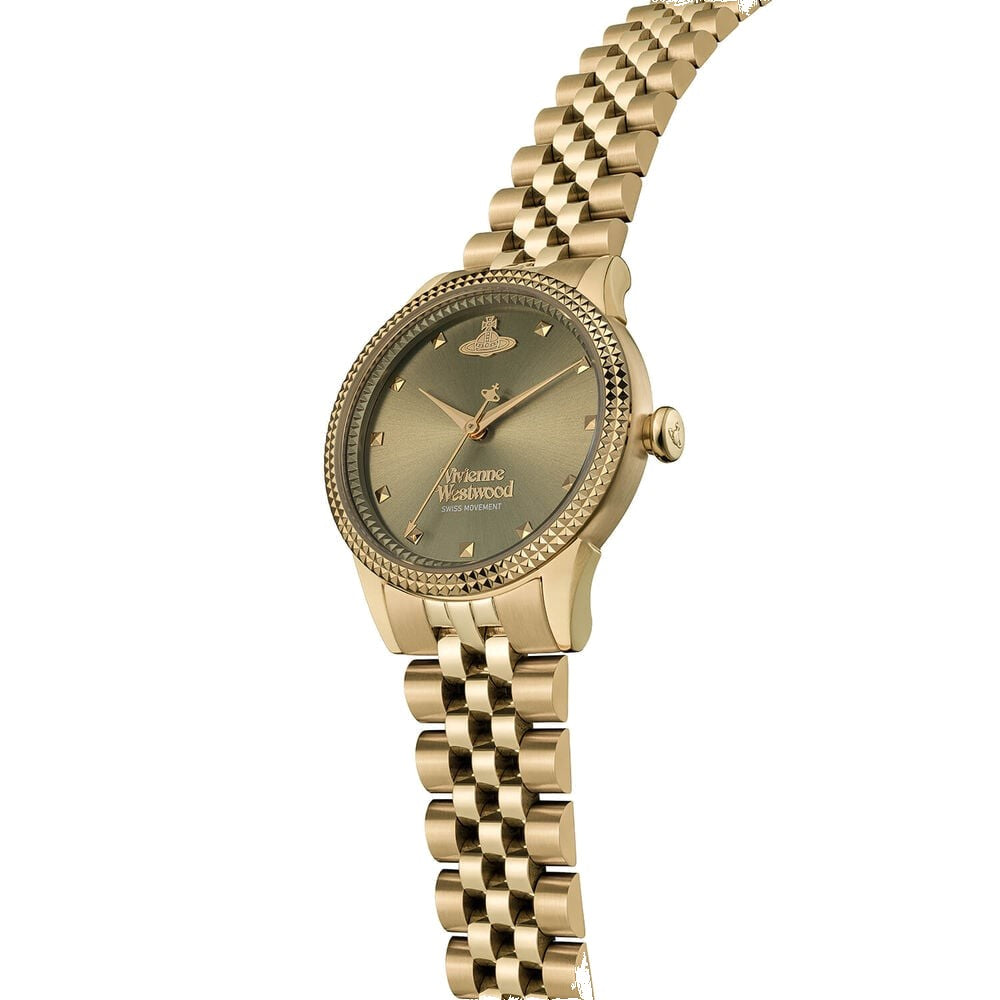 Gold Vivienne Westwood watch with a link bracelet.