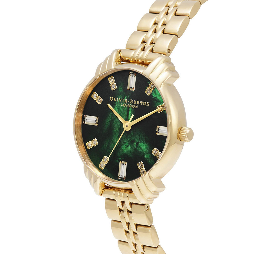 Close-up of the Olivia Burton Art Deco ladies' watch. Features a green marble dial, gold-plated finish, and decorative stone
