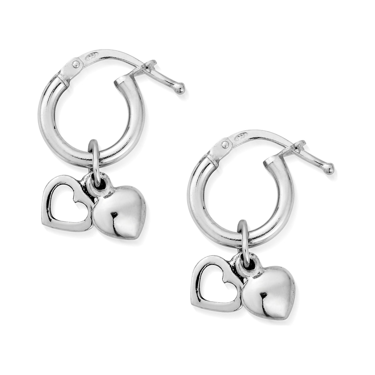 The ChloBo Double Heart Hoop Earrings, a silver metal hoop earrings from ChloBo, available at OD’s Jewellers in St Helens.