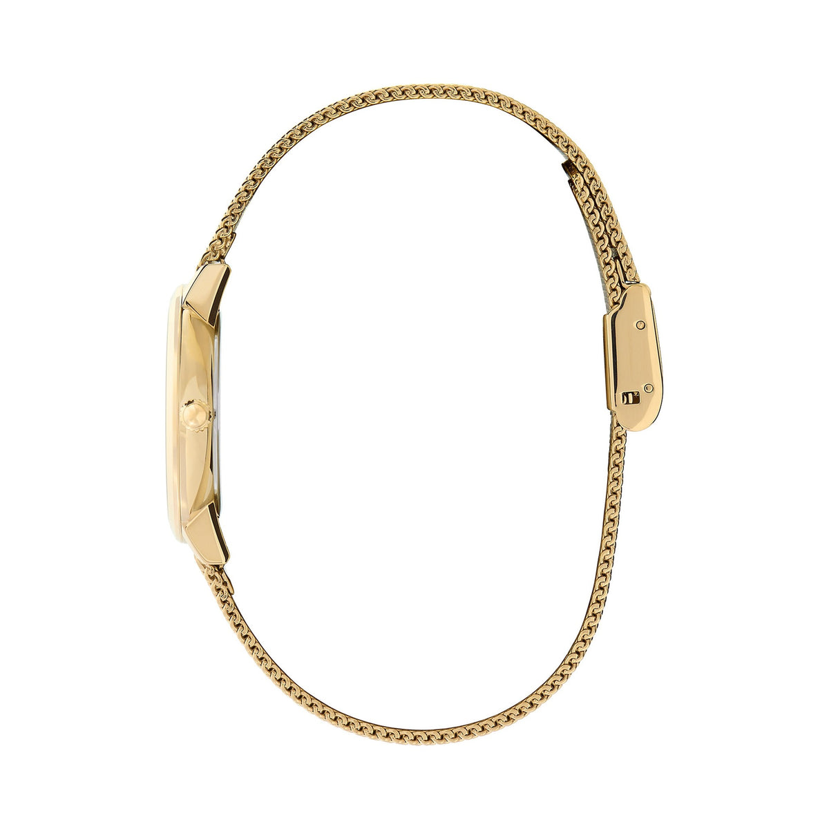 Side view of the Olivia Burton Ultra Slim bee watch. Gold-plated mesh strap showcasing the watch design and clasp.