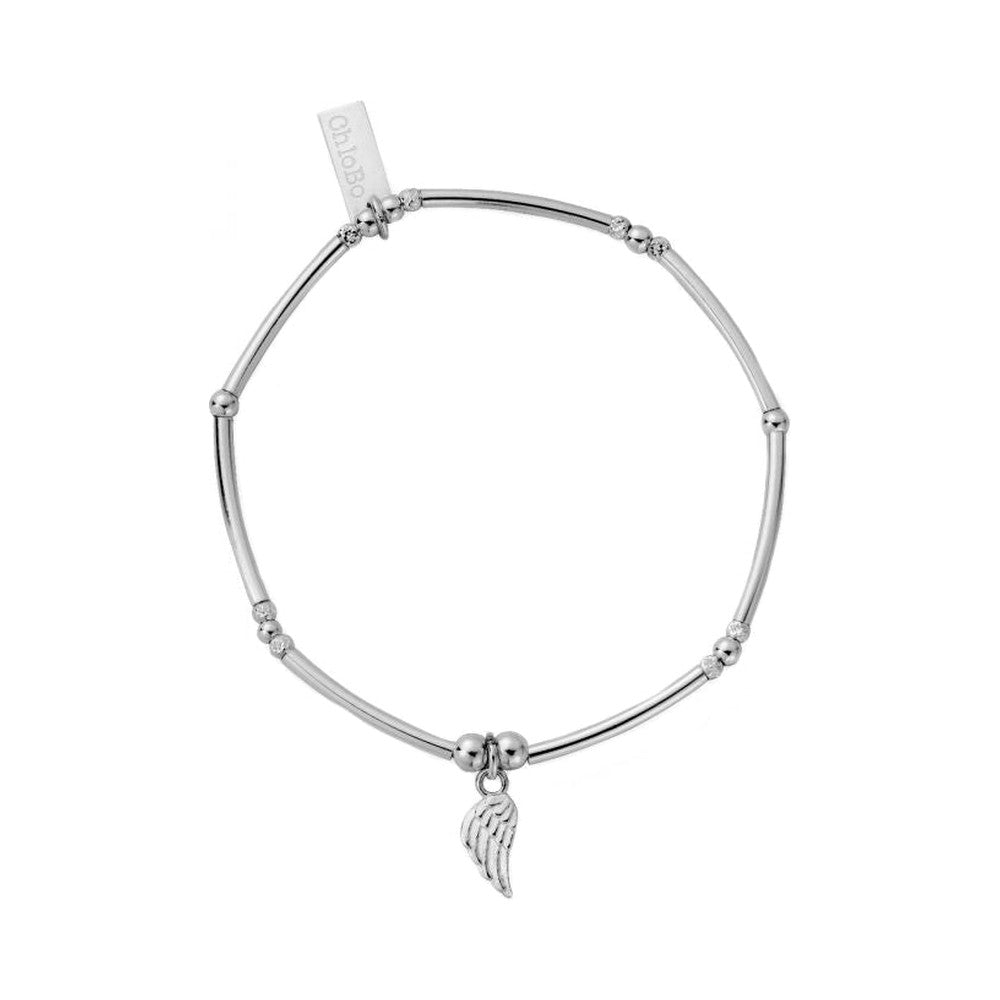 ChloBo bracelet featuring sterling silver noodles and balls, with a delicate angel wing charm.