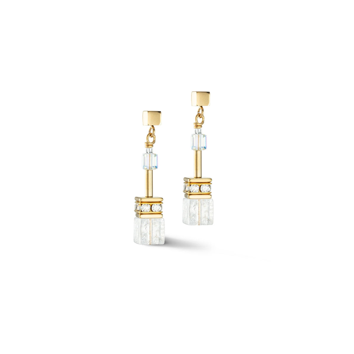Coeur De Lion earrings, gold plated with GeoCube rock crystal detail, showcasing jewelry design.
