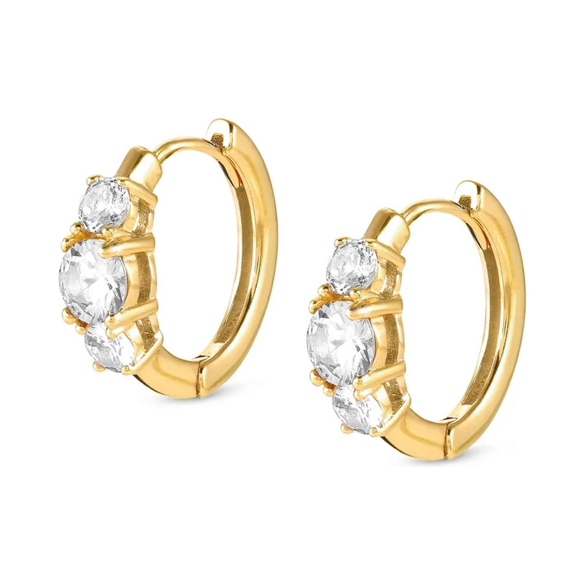 Close-up of Nomination hoop earrings, gold plated with three graduated clear stones, showcasing delicate design.