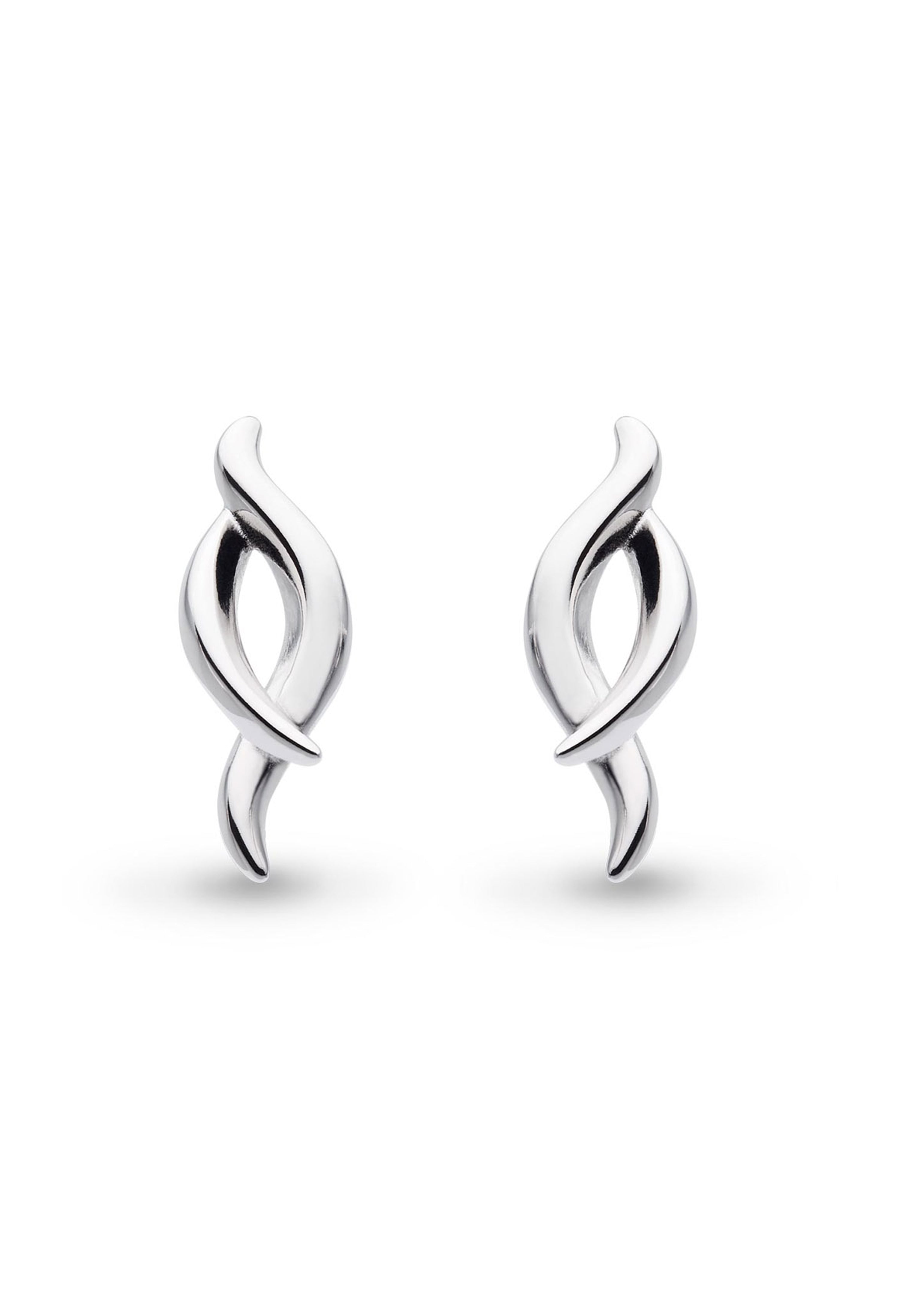 Close-up of Kit Heath's Entwine silver stud earrings featuring a twine twist design; elegant jewelry detail.