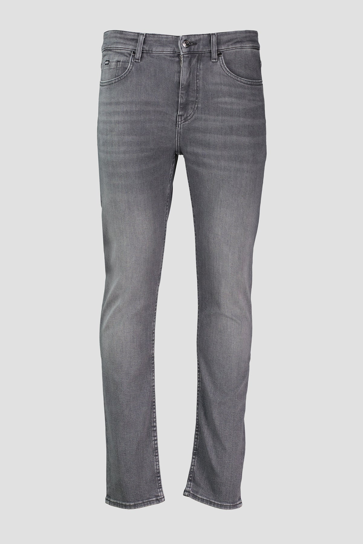 A pair of men's grey BOSS H-Delaware jeans displayed against a plain background. boss tab logo on internal pocket with silver button fastening 
