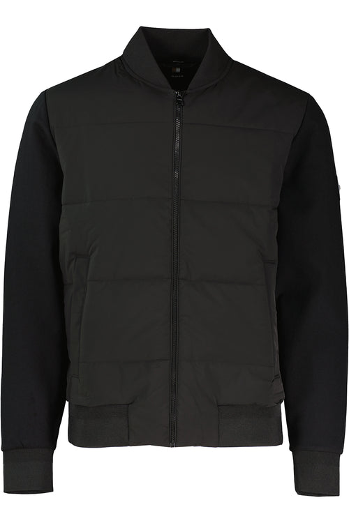 A black hybrid zip jacket for men, with a standing collar and designed with brand logo on the sleeve. Nylon panelled front with cotton sleeves and elasticated waist and cuff.