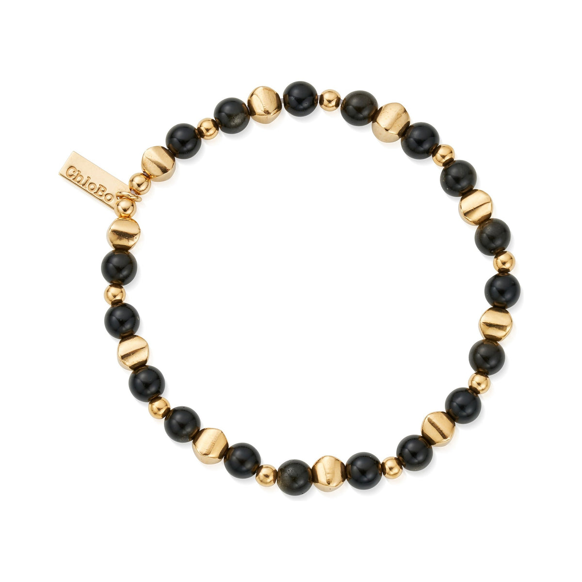 ChloBo bracelet featuring golden obsidian beads and gold plated accents, showcasing the brand's design.