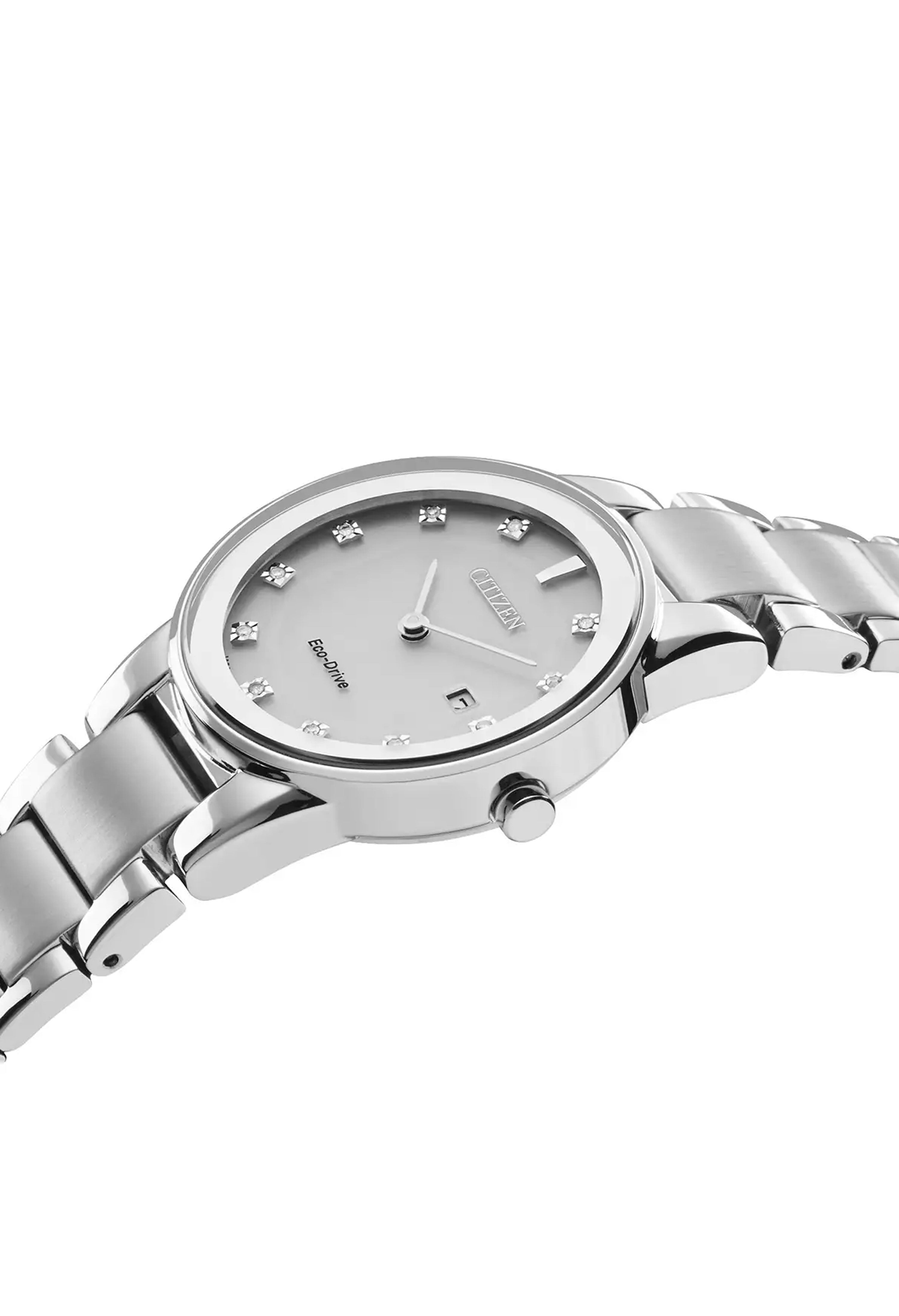 Citizen Axiom ladies watch showcasing diamond hour markers and Eco-Drive technology. Close-up for detail.