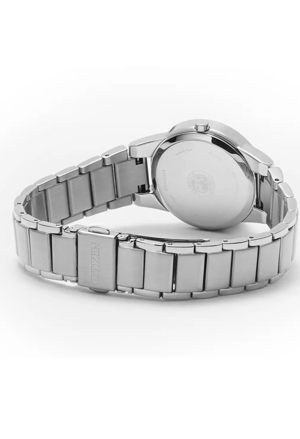 Close-up of the back of the Citizen Eco-Drive Axiom watch showing the bracelet and Eco-Drive technology information.