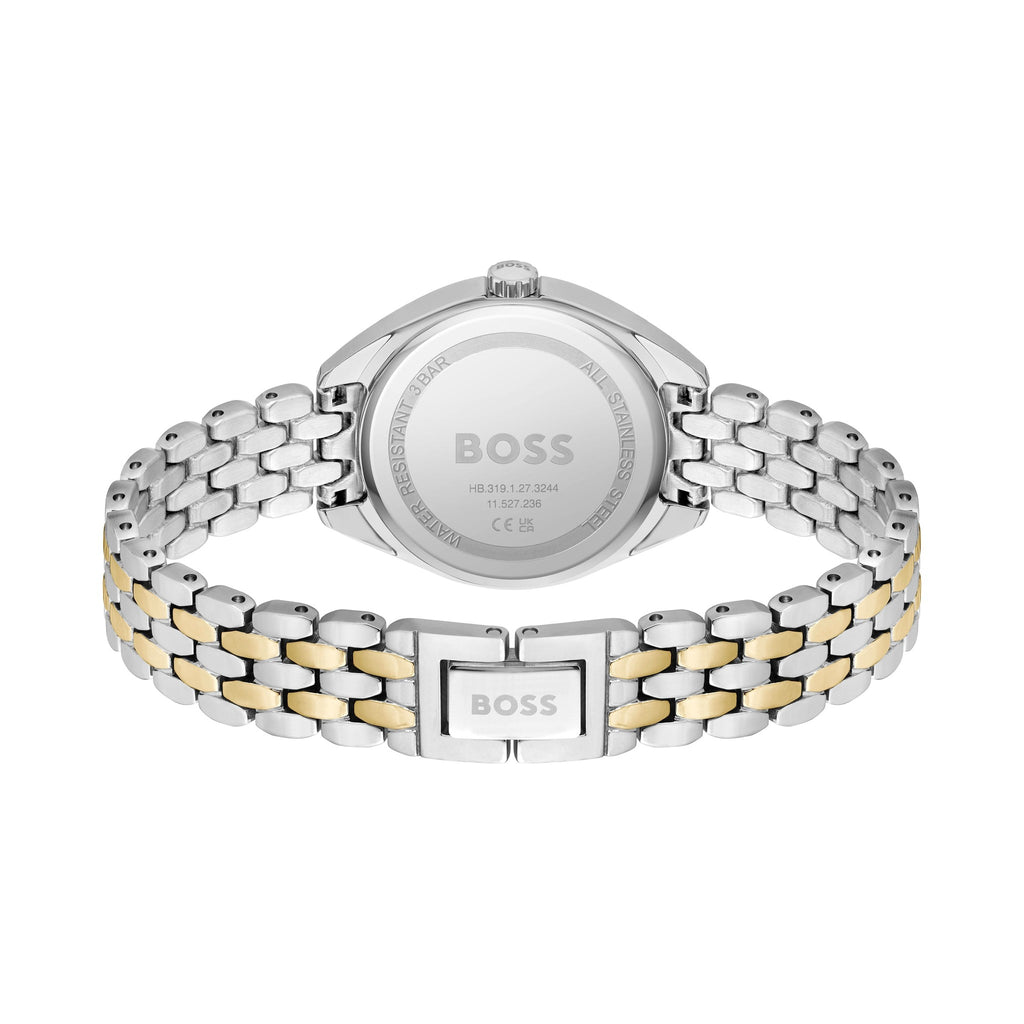 Back of Boss Ladies Mae watch showing bracelet and stainless steel case with model number HB.319.1.27.3244.