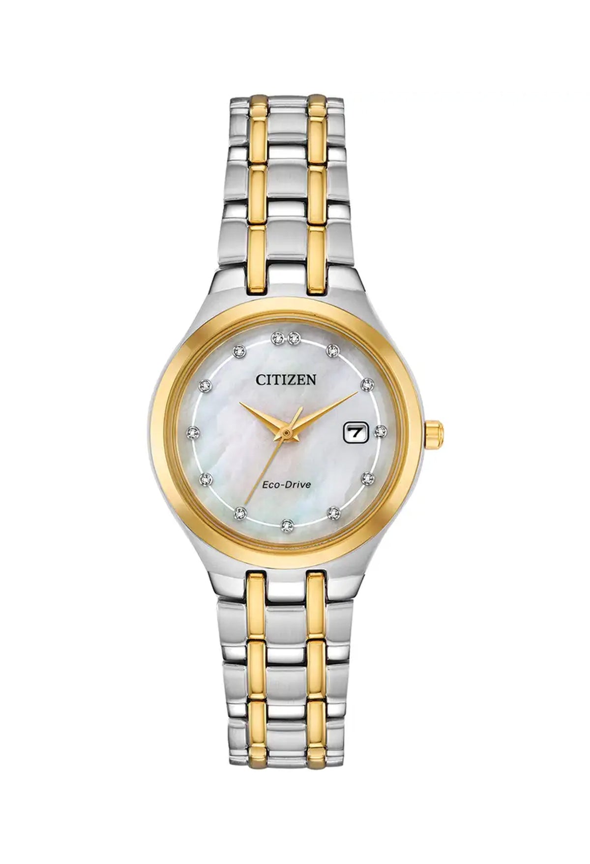 Citizen Eco-Drive ladies watch displaying the mother of pearl dial, diamond accents, and two-tone band.