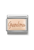 Nomination charm featuring "Grandma" inscription in rose gold. Stainless steel charm, gift for grandmother.