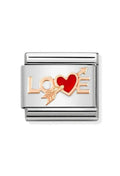 Nomination charm featuring "LOVE" with a heart pierced by an arrow; Valentine's Day jewelry link.
