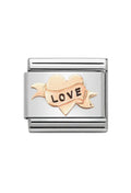 Nomination Composable Link showing a heart with a "LOVE" banner, crafted in 9ct rose gold and steel.