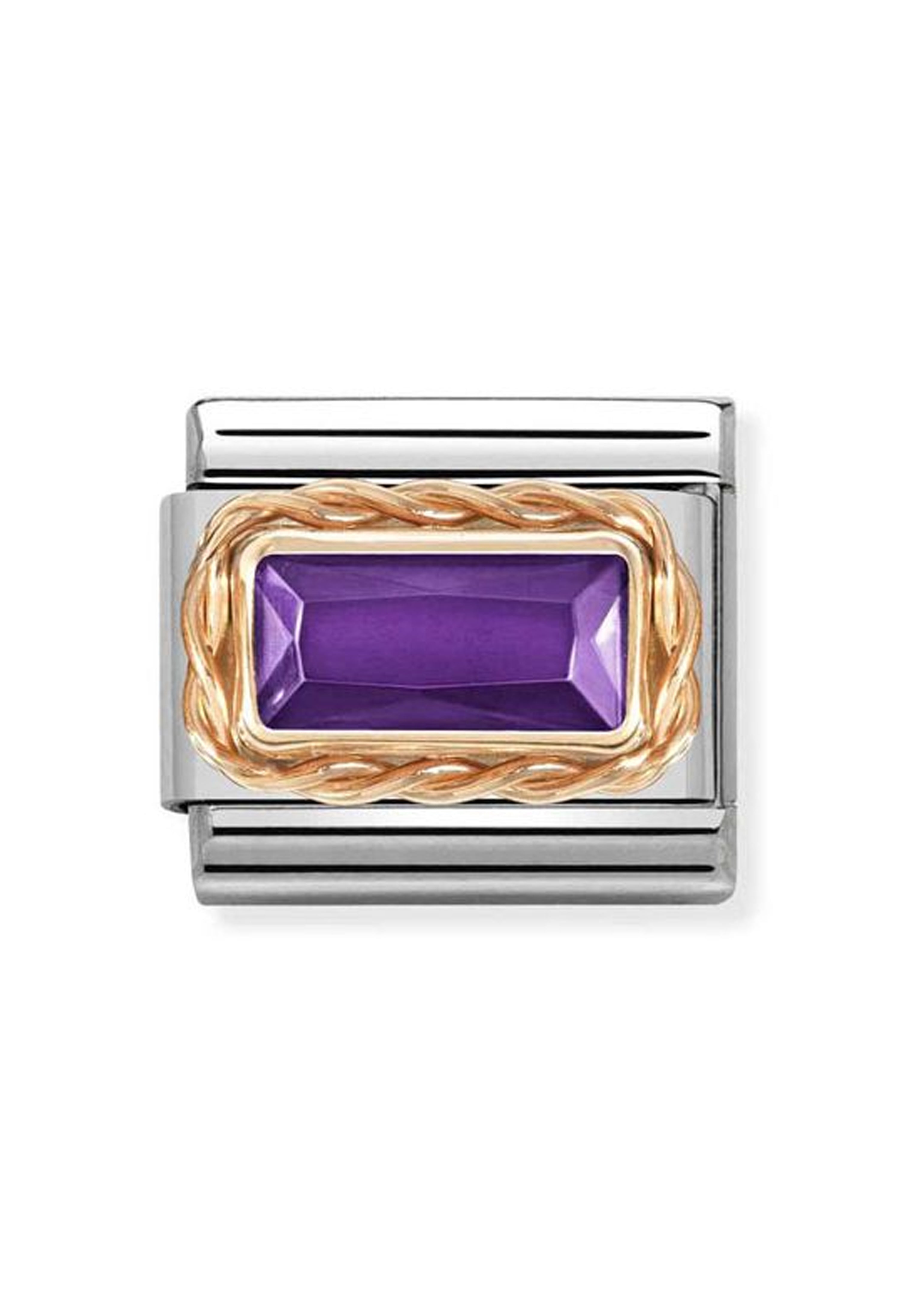 Nomination Composable bracelet link with a purple baguette stone and 9K rose gold detail.