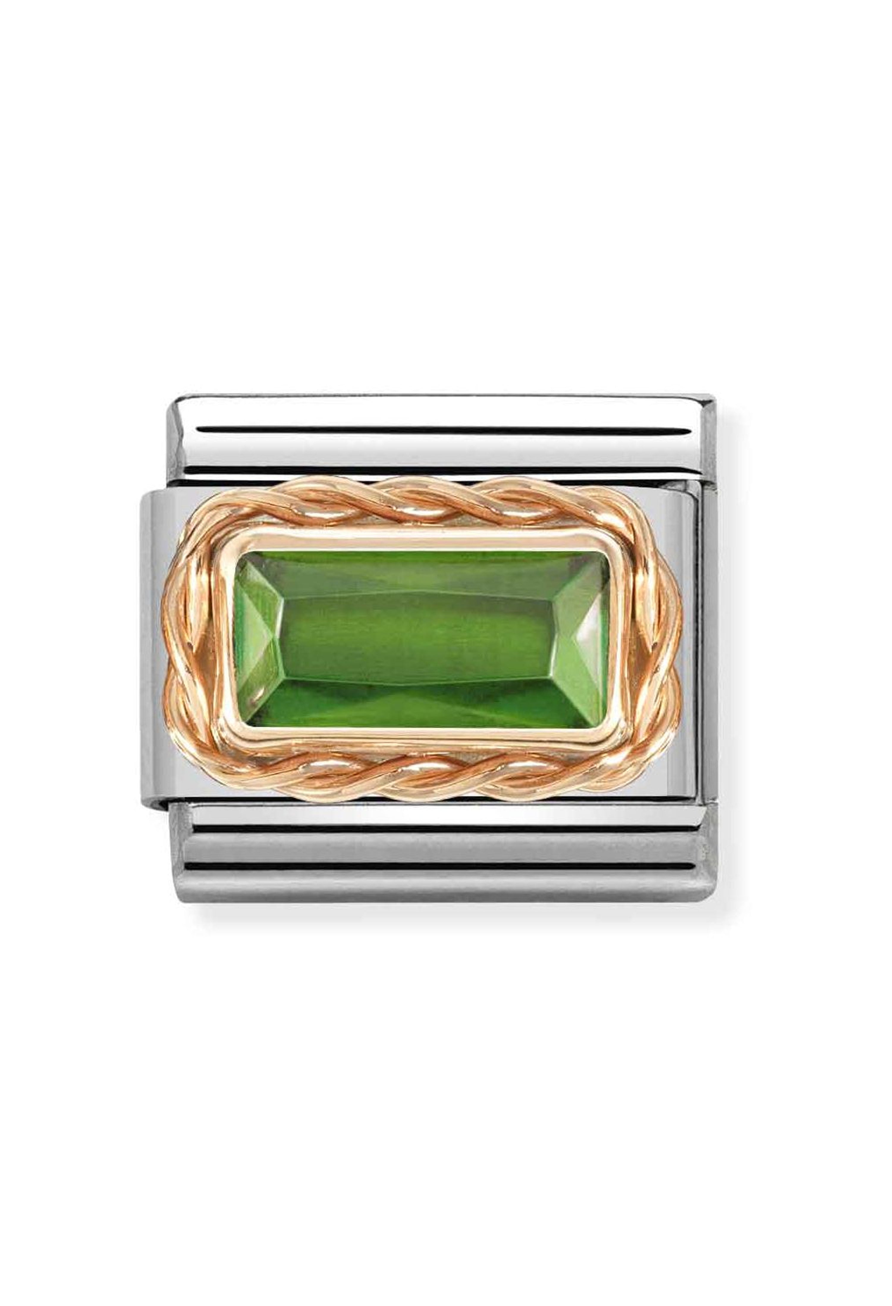 Nomination composable charm. Green baguette stone set in 9K rose gold on a steel link. Jewelry detail.