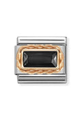 Nomination Composable link with a black baguette stone and braided 9K rose gold detailing.