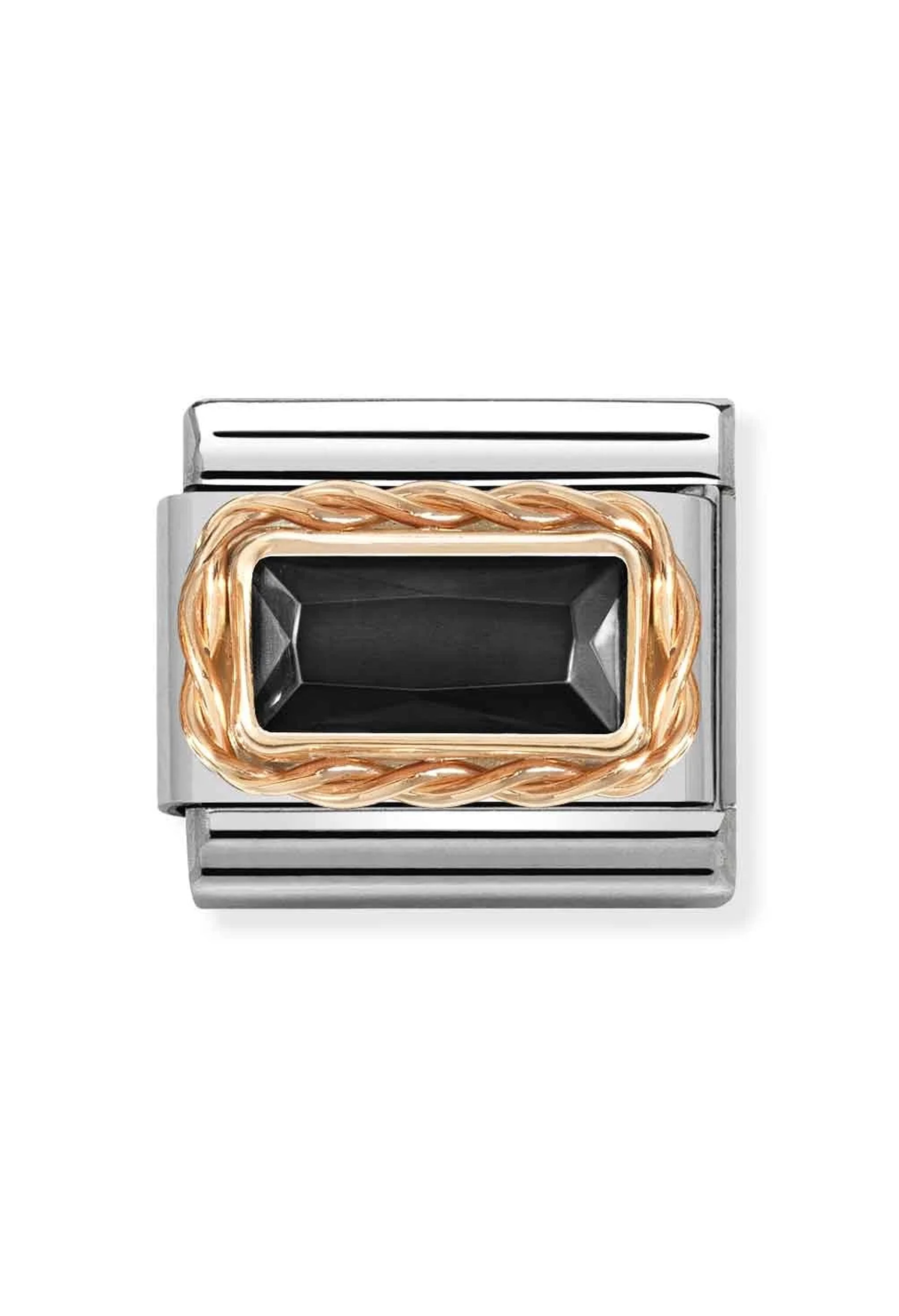 Nomination Composable link with a black baguette stone and braided 9K rose gold detailing.