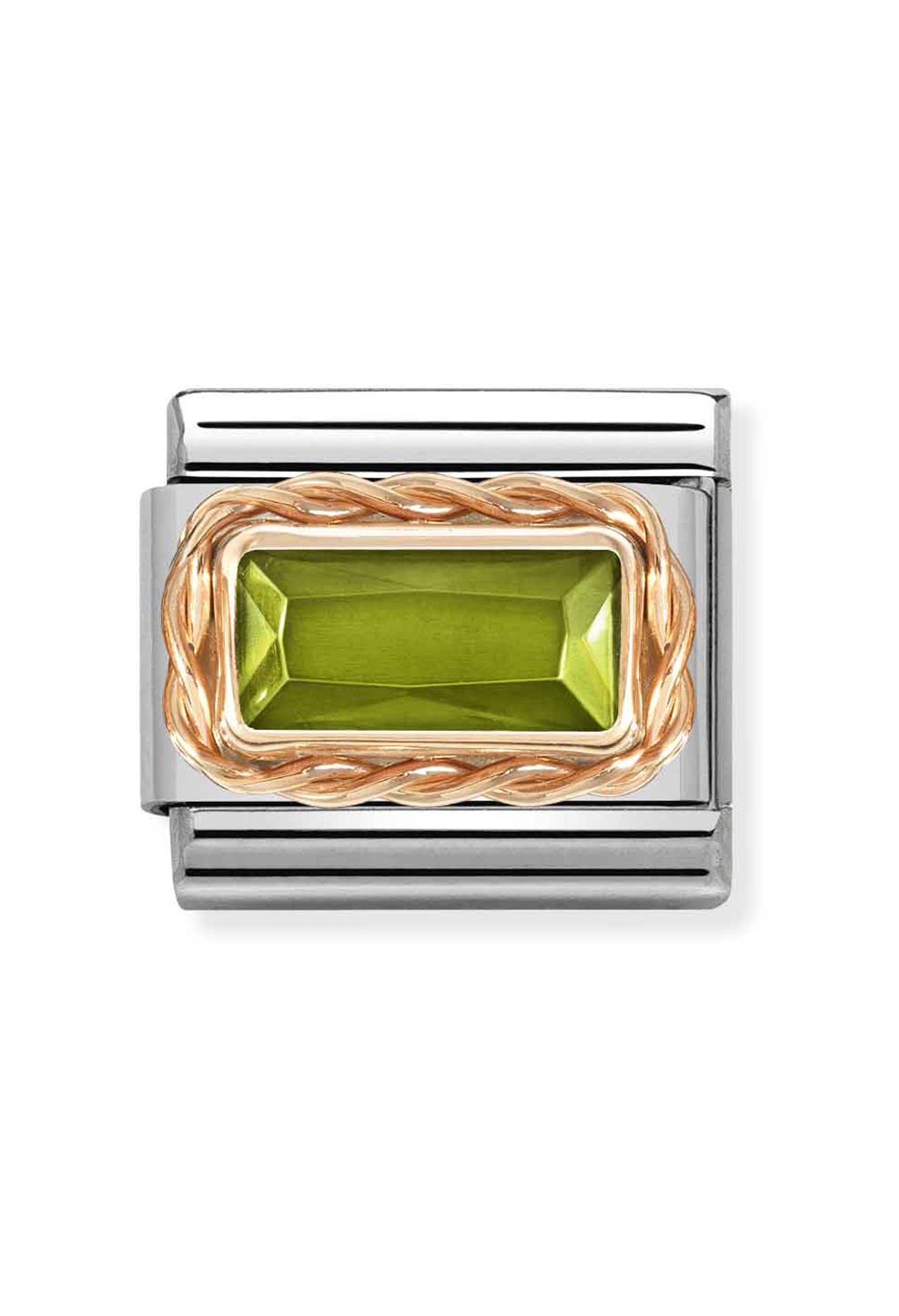 Nomination Composable link with a faceted green Peridot gemstone set in 9K rose gold. A stylish bracelet charm.
