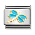 Composable charm showcasing an 18K gold dragonfly with turquoise enamel inlay, for personalized jewelry.