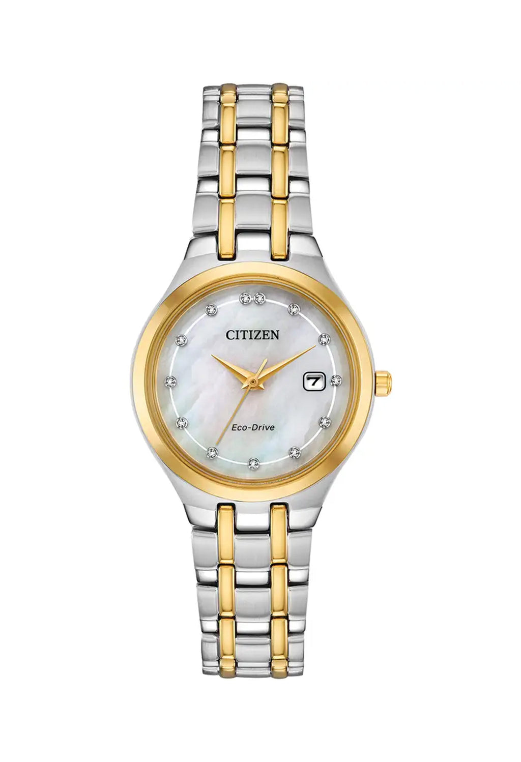 Citizen Eco-Drive ladies watch displaying the mother of pearl dial, diamond accents, and two-tone band.