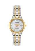 Citizen Eco-Drive ladies watch displaying the mother of pearl dial, diamond accents, and two-tone band.