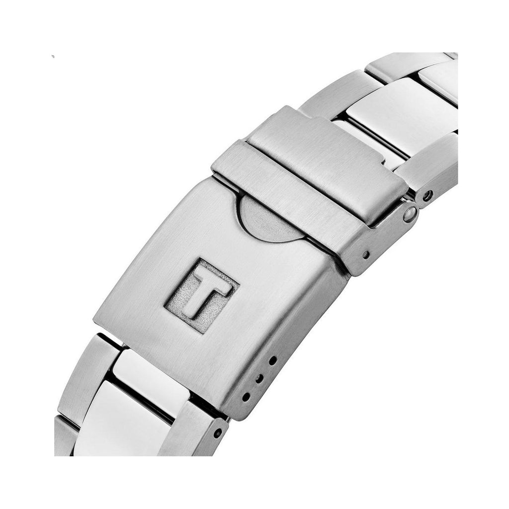 Close-up of the Tissot Seastar 1000 watch bracelet and clasp, showcasing the diver style and secure design.