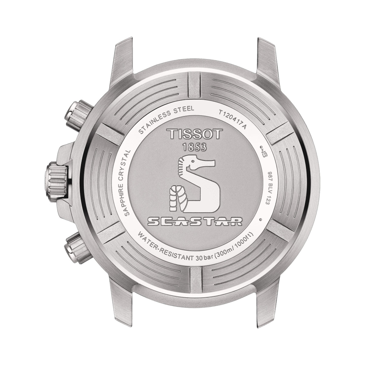 Watch caseback detail of the Tissot Seastar 1000 diving watch, featuring the seahorse logo, model T120417A, & water
