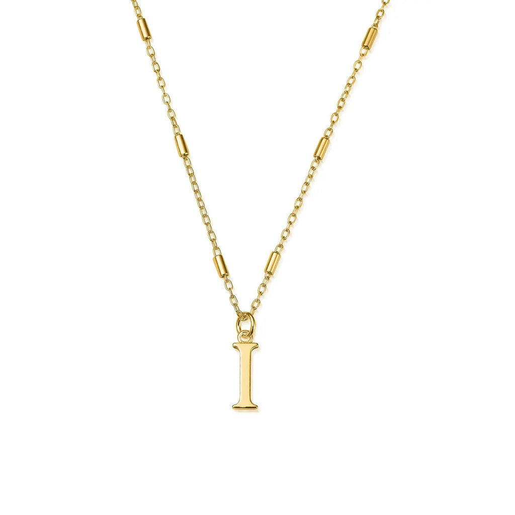 Gold plated "I" initial pendant necklace, showcasing personalized jewelry and designer craftsmanship from ChloBo.